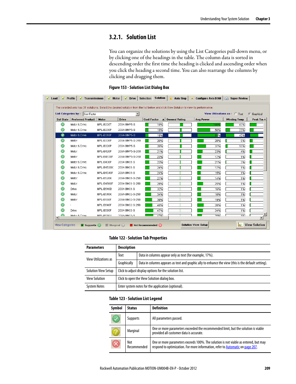 Solution list, E solution list dialog bo | Rockwell Automation Motion Analyzer Software User Manual | Page 209 / 280