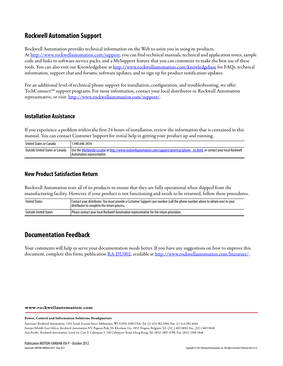 Back cover, Rockwell automation support, Documentation feedback | Installation assistance, New product satisfaction return | Rockwell Automation Motion Analyzer Software User Manual | Page 280 / 280