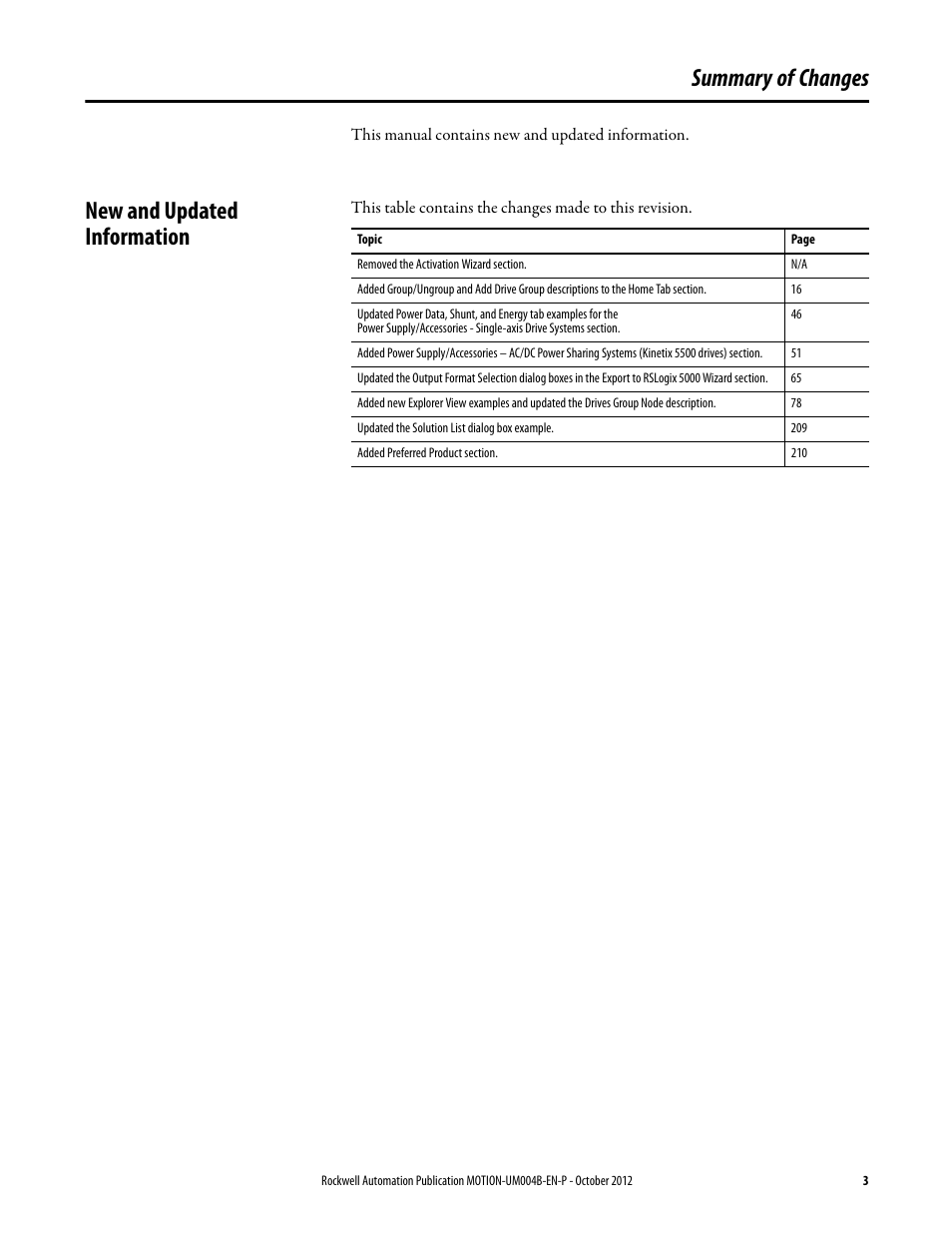 Summary of changes, New and updated information | Rockwell Automation Motion Analyzer Software User Manual | Page 3 / 280