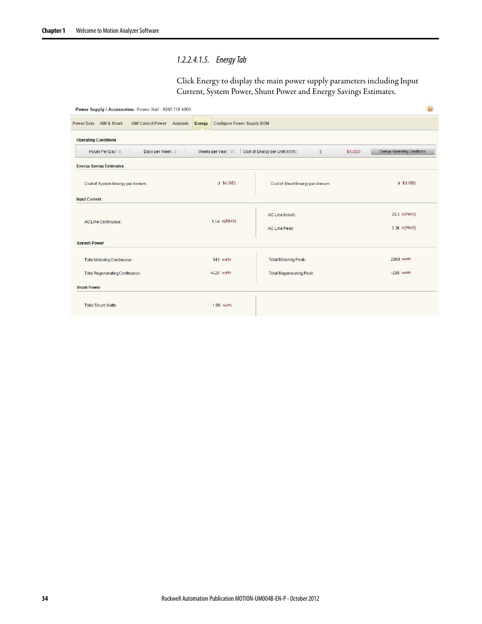 Energy tab | Rockwell Automation Motion Analyzer Software User Manual | Page 34 / 280
