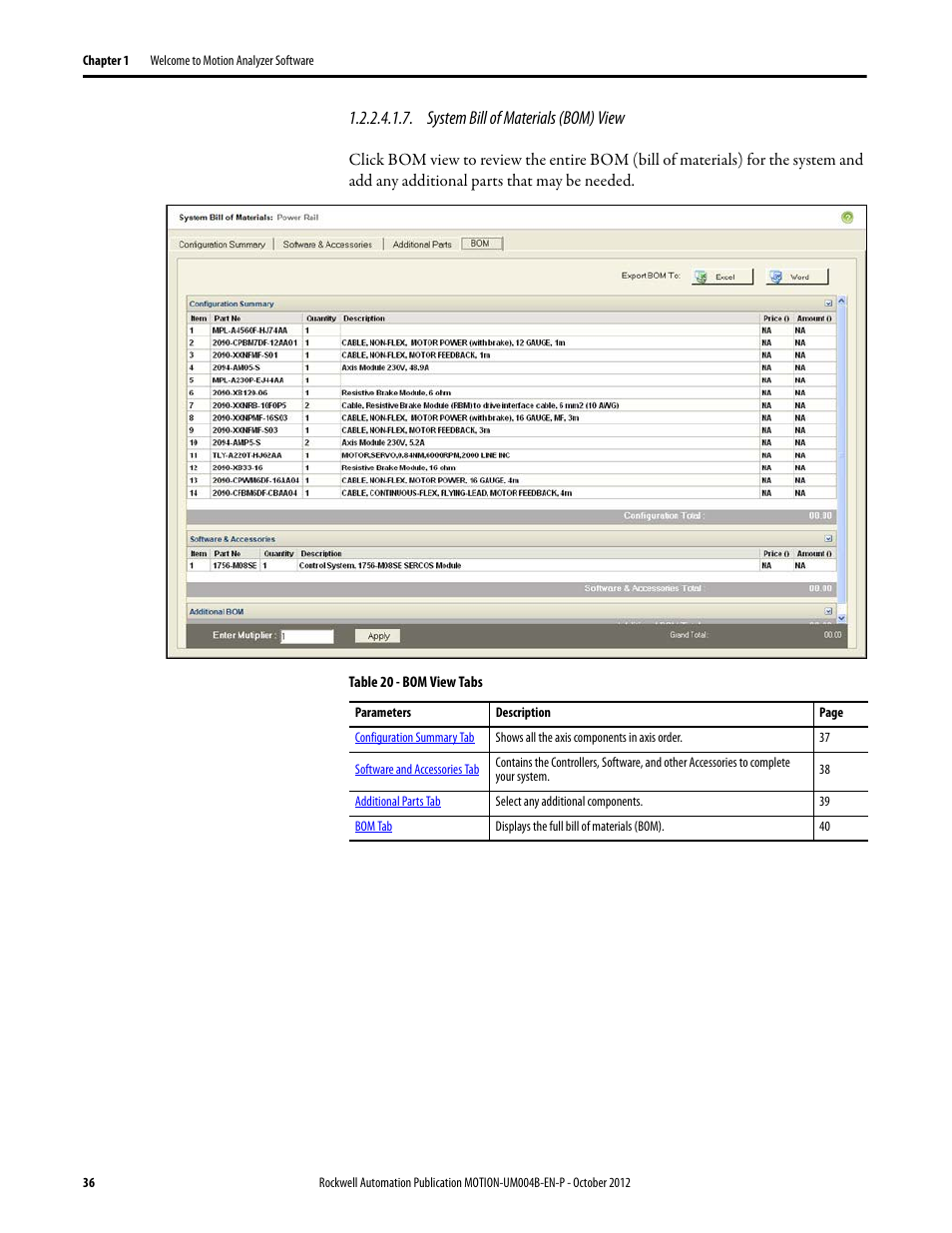 System bill of materials (bom) view | Rockwell Automation Motion Analyzer Software User Manual | Page 36 / 280