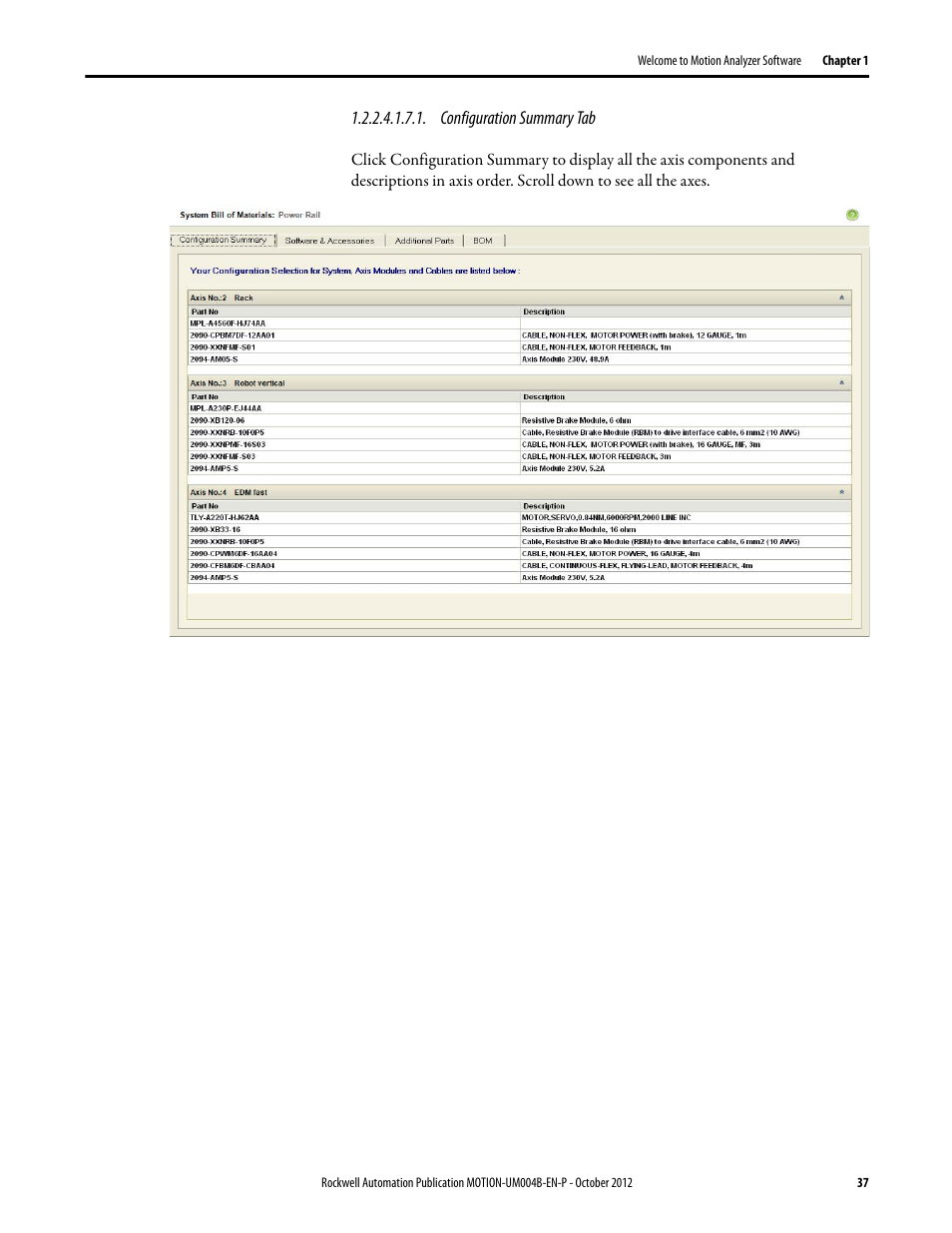 Configuration summary tab | Rockwell Automation Motion Analyzer Software User Manual | Page 37 / 280