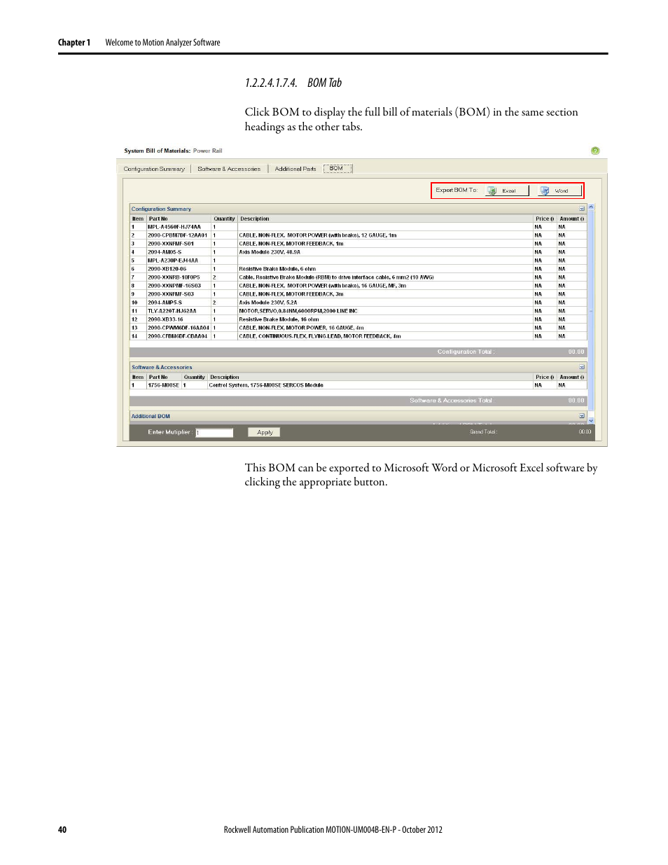 Bom tab | Rockwell Automation Motion Analyzer Software User Manual | Page 40 / 280