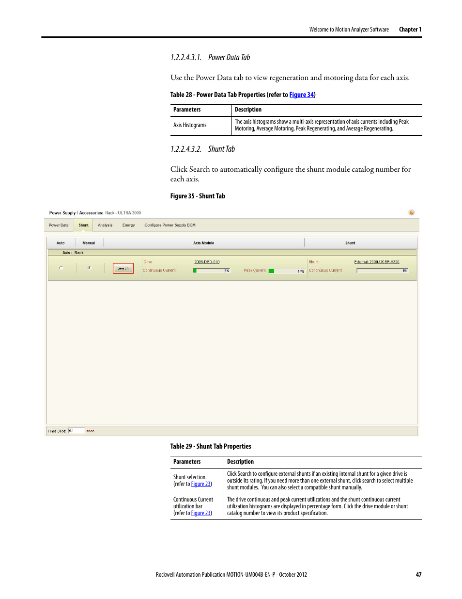 Power data tab, Shunt tab | Rockwell Automation Motion Analyzer Software User Manual | Page 47 / 280