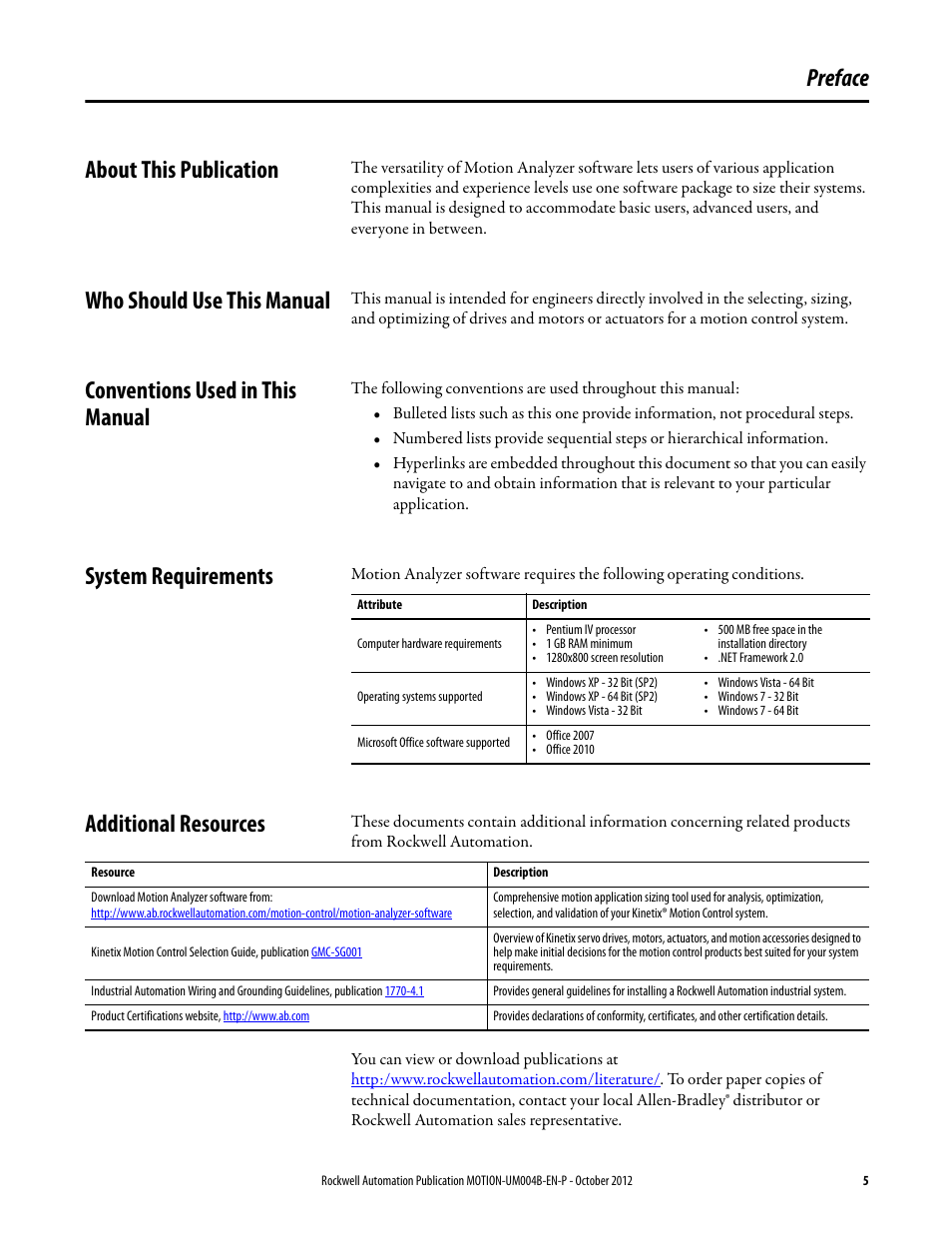 Preface, About this publication, Who should use this manual | Conventions used in this manual, System requirements, Additional resources, Preface about this publication | Rockwell Automation Motion Analyzer Software User Manual | Page 5 / 280