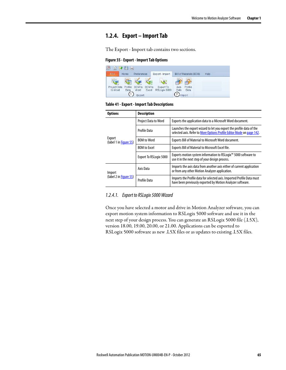 Export – import tab, Export to rslogix 5000 wizard, In the export to rslogix 5000 wizard | Rockwell Automation Motion Analyzer Software User Manual | Page 65 / 280