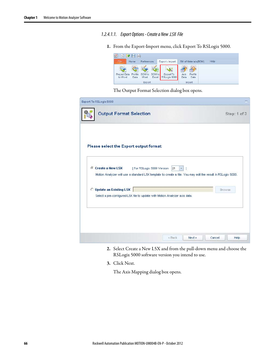 Export options - create a new .l5x file | Rockwell Automation Motion Analyzer Software User Manual | Page 66 / 280