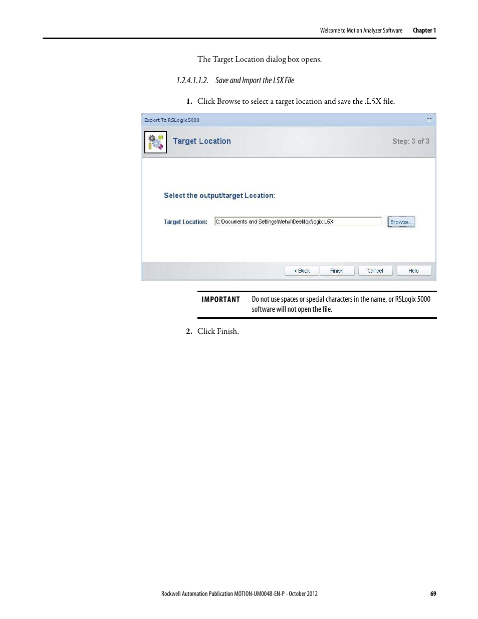 Save and import the l5x file | Rockwell Automation Motion Analyzer Software User Manual | Page 69 / 280