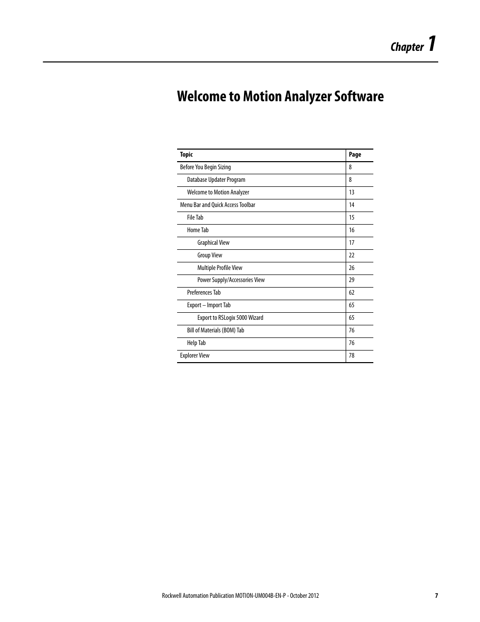 1 - welcome to motion analyzer software, Welcome to motion analyzer software, Chapter | Rockwell Automation Motion Analyzer Software User Manual | Page 7 / 280