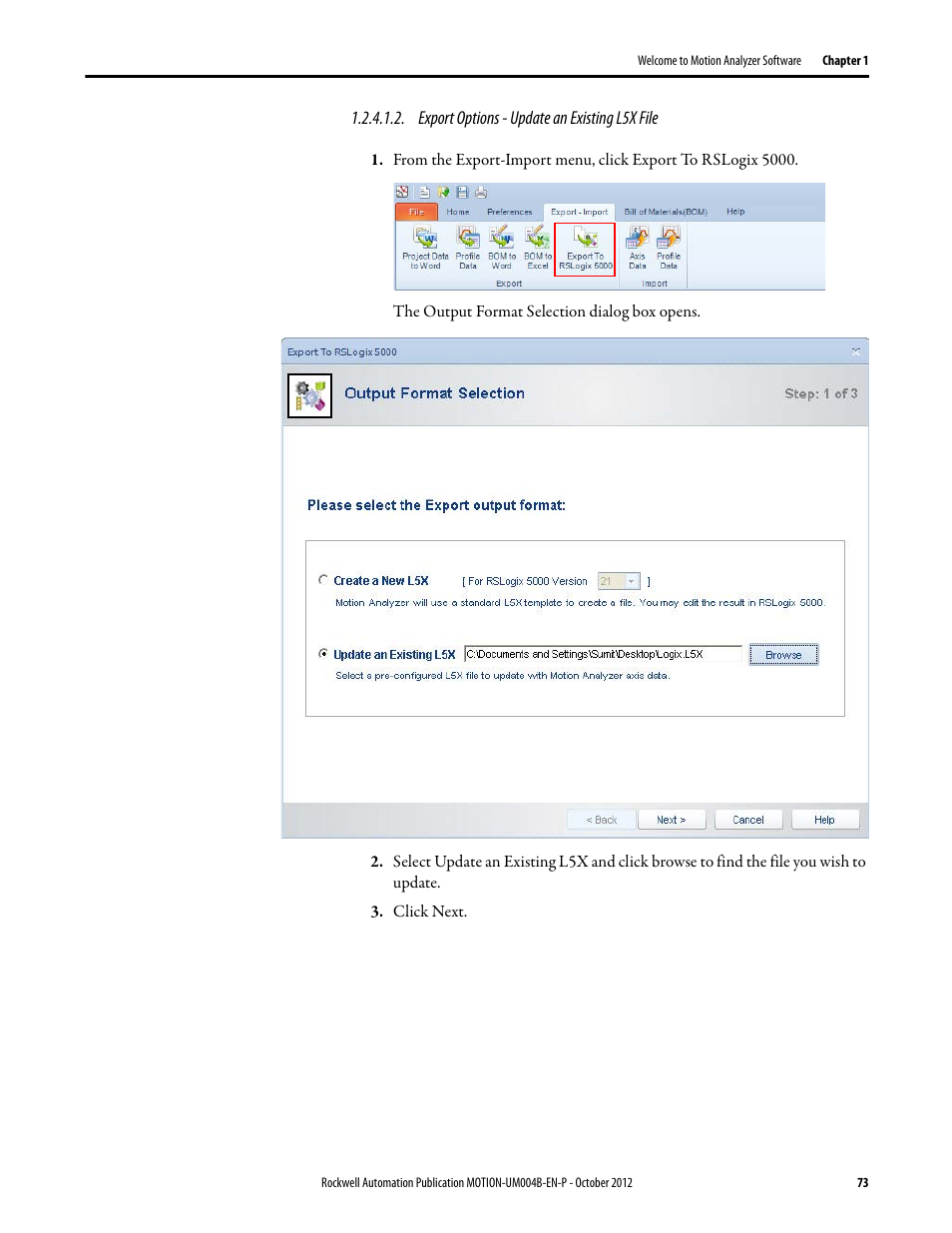 Export options - update an existing l5x file | Rockwell Automation Motion Analyzer Software User Manual | Page 73 / 280