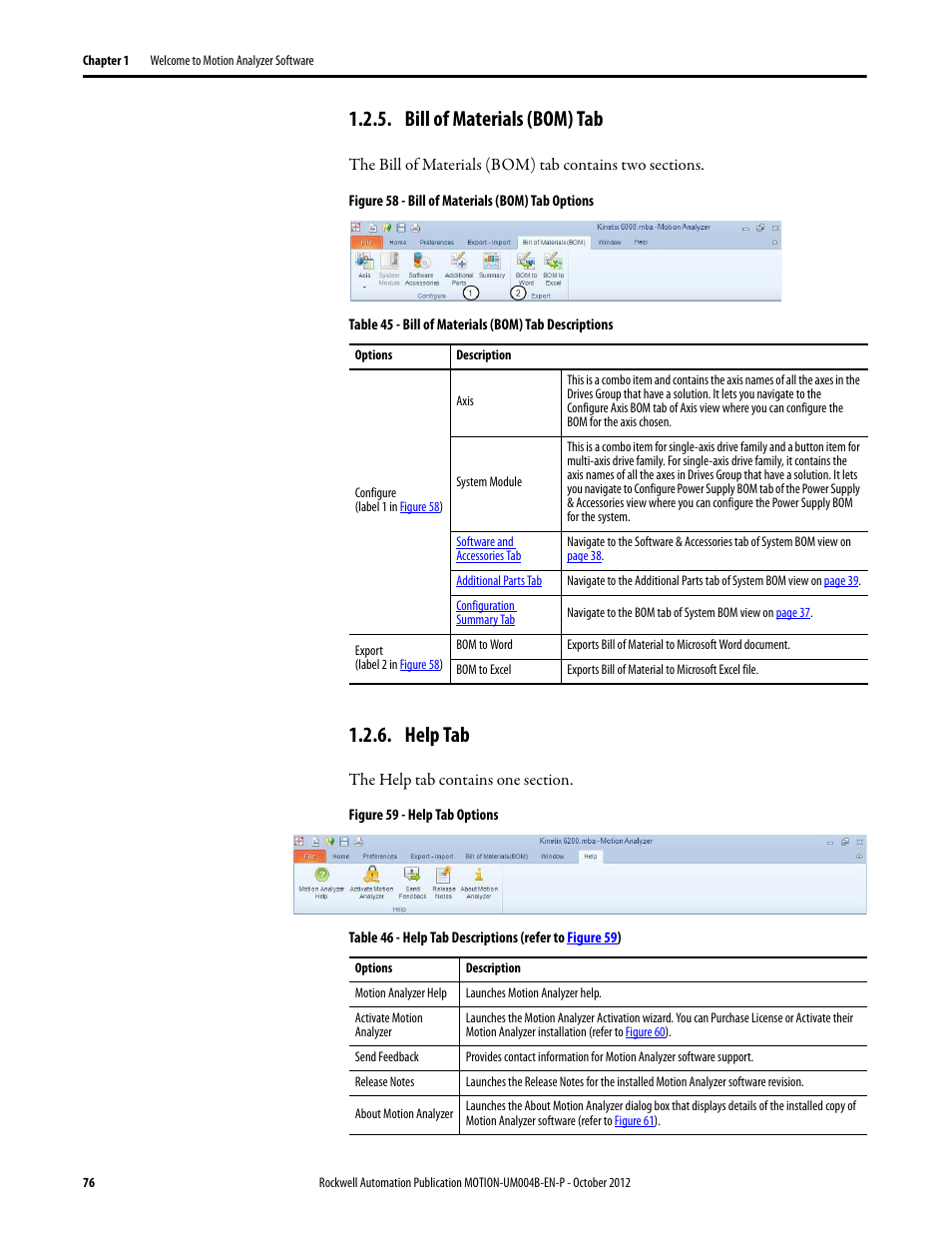 Bill of materials (bom) tab, Help tab | Rockwell Automation Motion Analyzer Software User Manual | Page 76 / 280