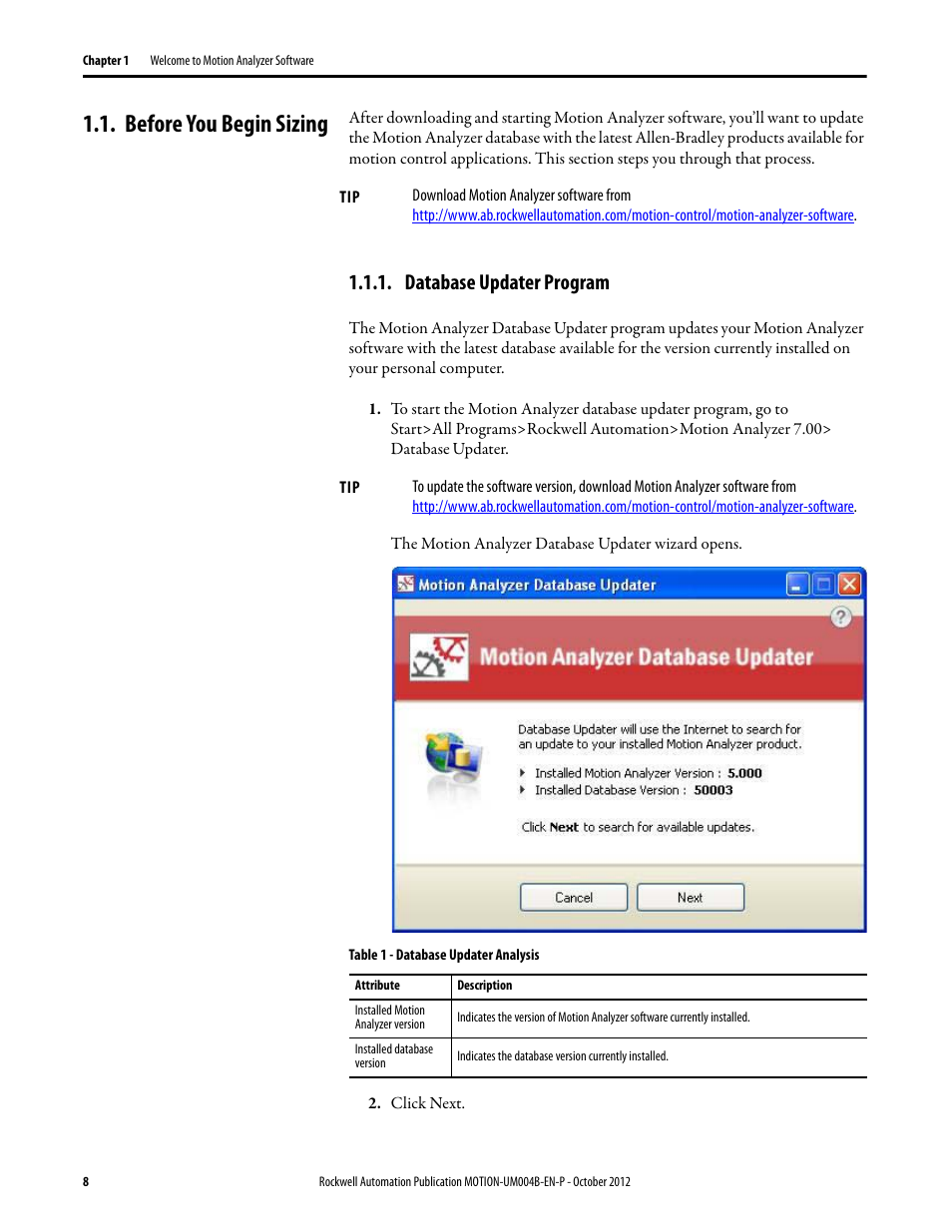 Before you begin sizing, Database updater program | Rockwell Automation Motion Analyzer Software User Manual | Page 8 / 280