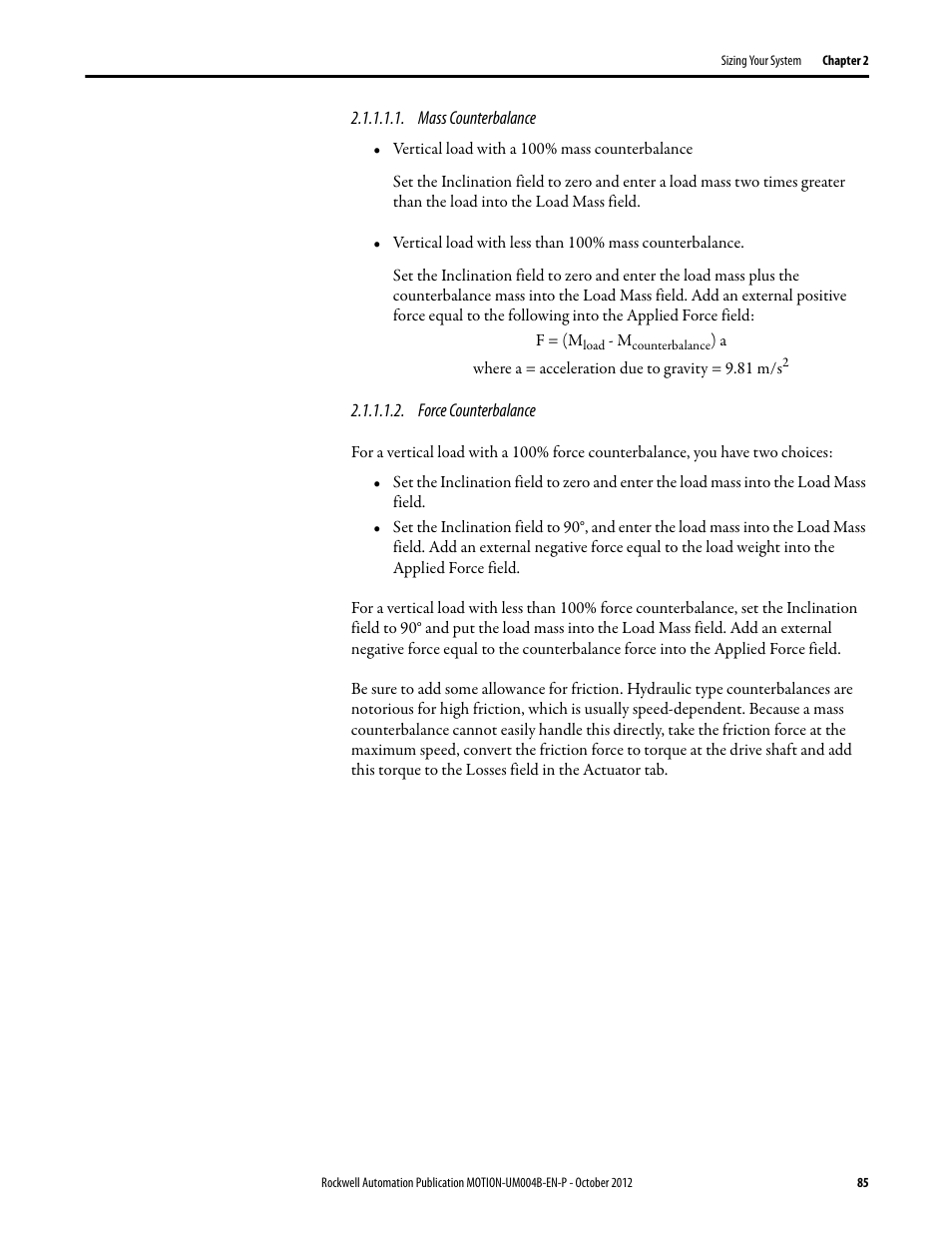 Mass counterbalance, Force counterbalance | Rockwell Automation Motion Analyzer Software User Manual | Page 85 / 280