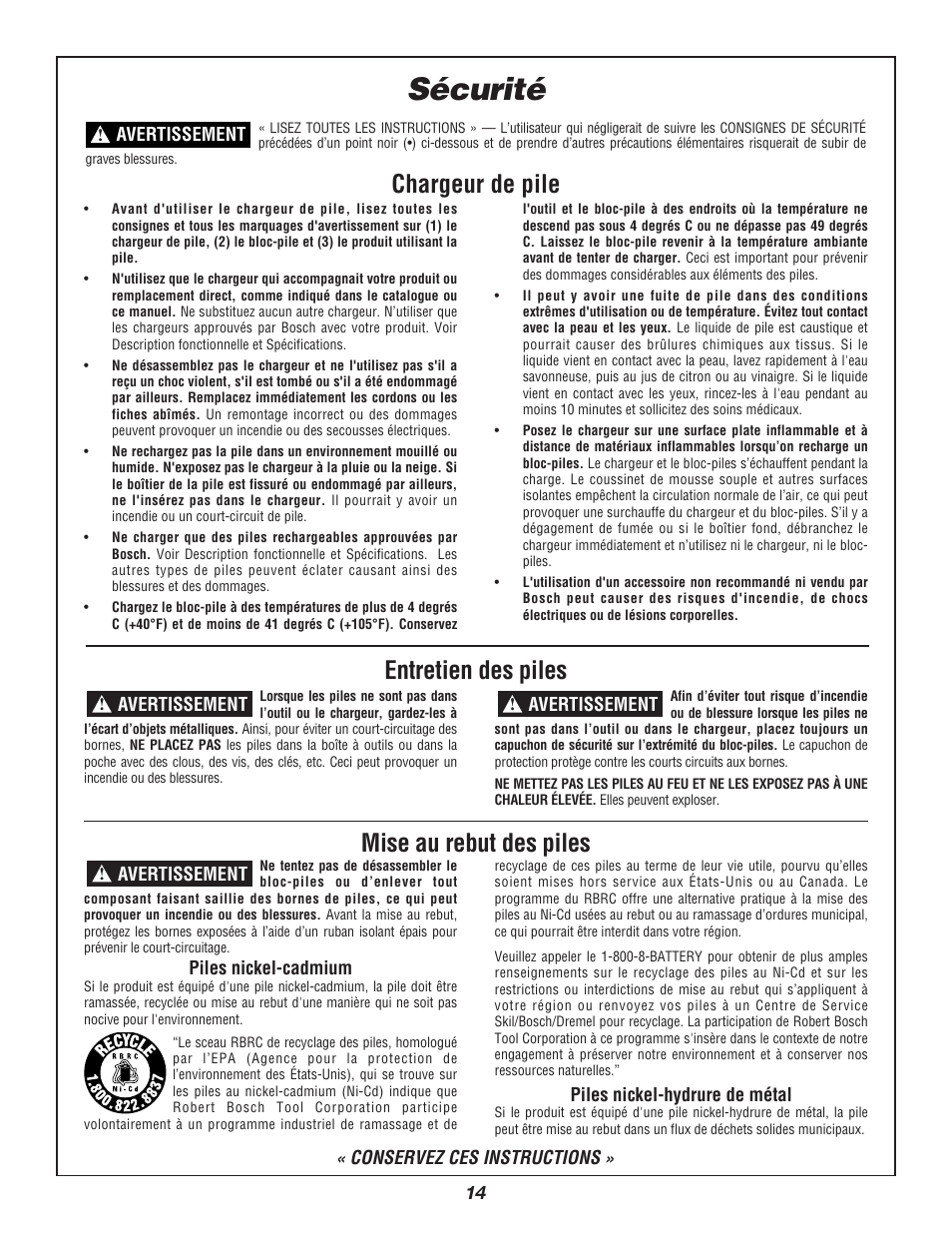 Sécurité, Chargeur de pile entretien des piles, Mise au rebut des piles | Bosch 3924B-24 User Manual | Page 14 / 88