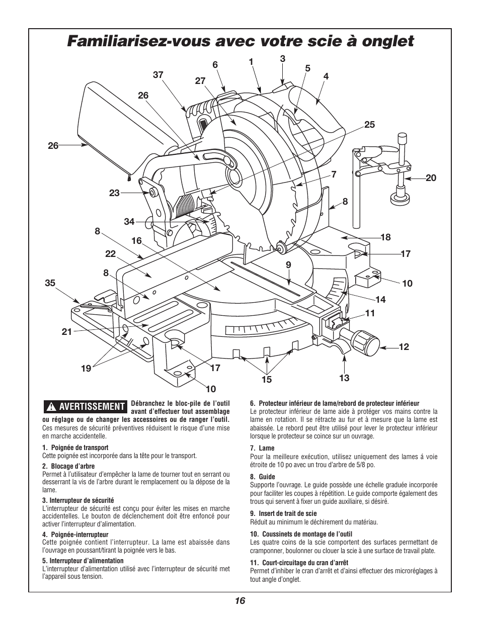 Familiarisez-vous avec votre scie à onglet | Bosch 3924B-24 User Manual | Page 16 / 88