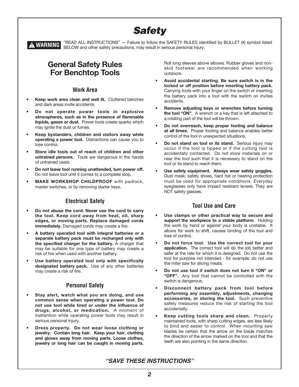 Safety, General safety rules for benchtop tools | Bosch 3924B-24 User Manual | Page 2 / 88