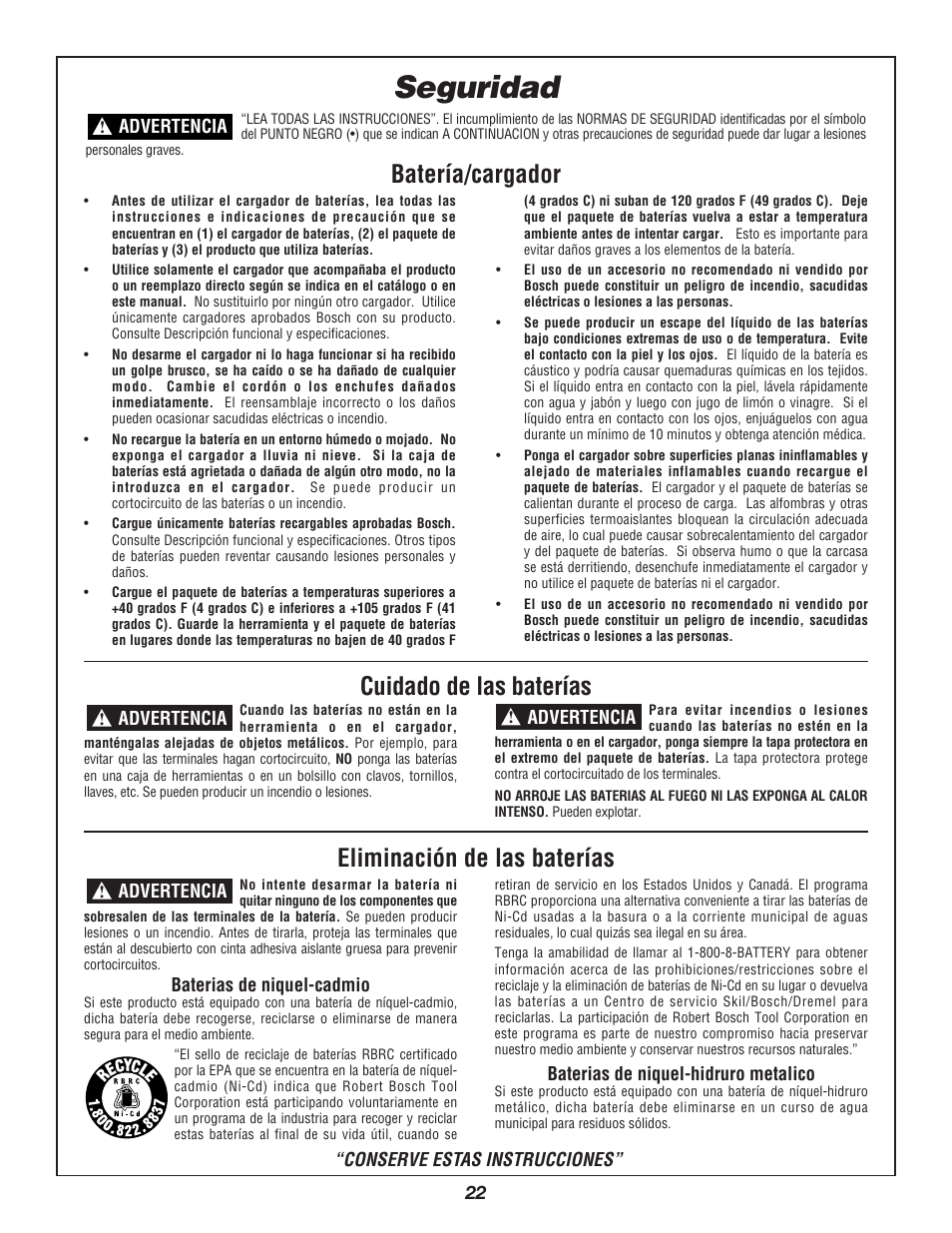 Seguridad, Batería/cargador | Bosch 3924B-24 User Manual | Page 22 / 88