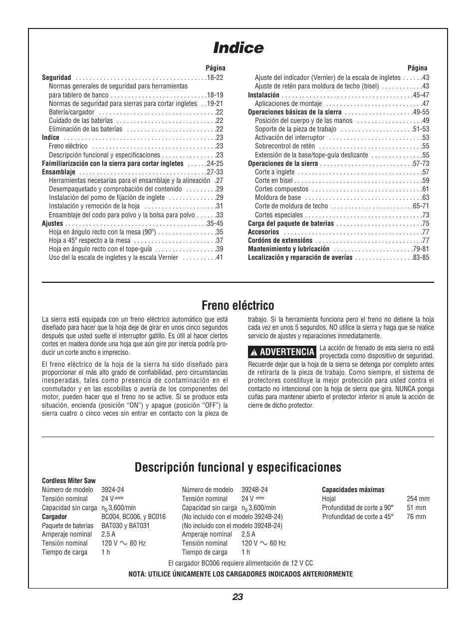 Indice, Advertencia | Bosch 3924B-24 User Manual | Page 23 / 88