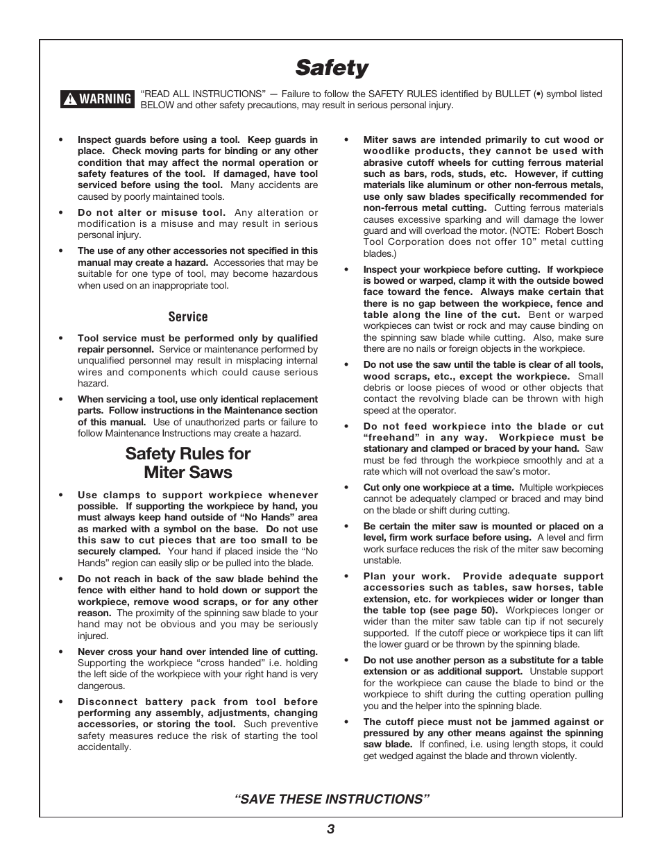 Safety, Safety rules for miter saws | Bosch 3924B-24 User Manual | Page 3 / 88