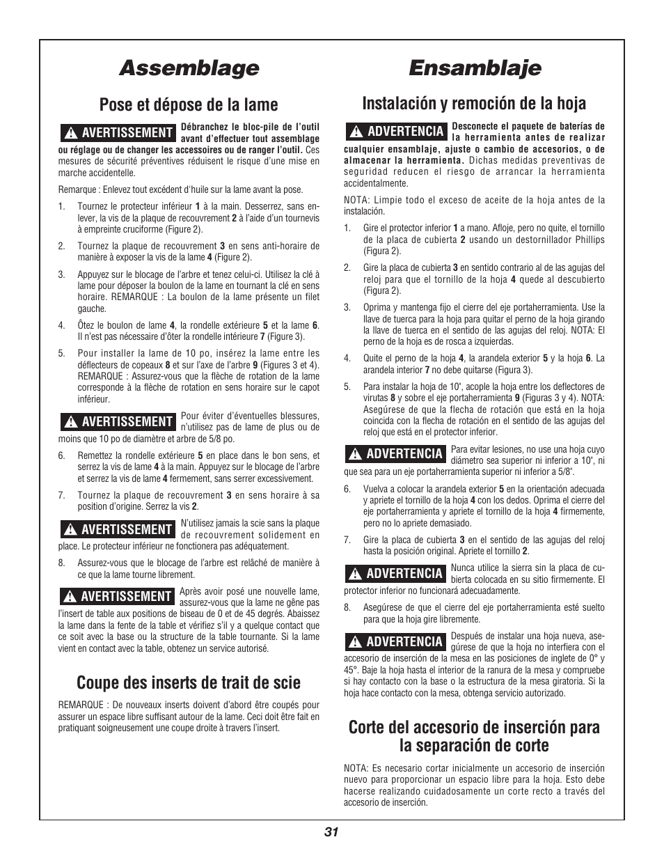 Ensamblaje, Assemblage, Instalación y remoción de la hoja | Pose et dépose de la lame, Coupe des inserts de trait de scie | Bosch 3924B-24 User Manual | Page 31 / 88