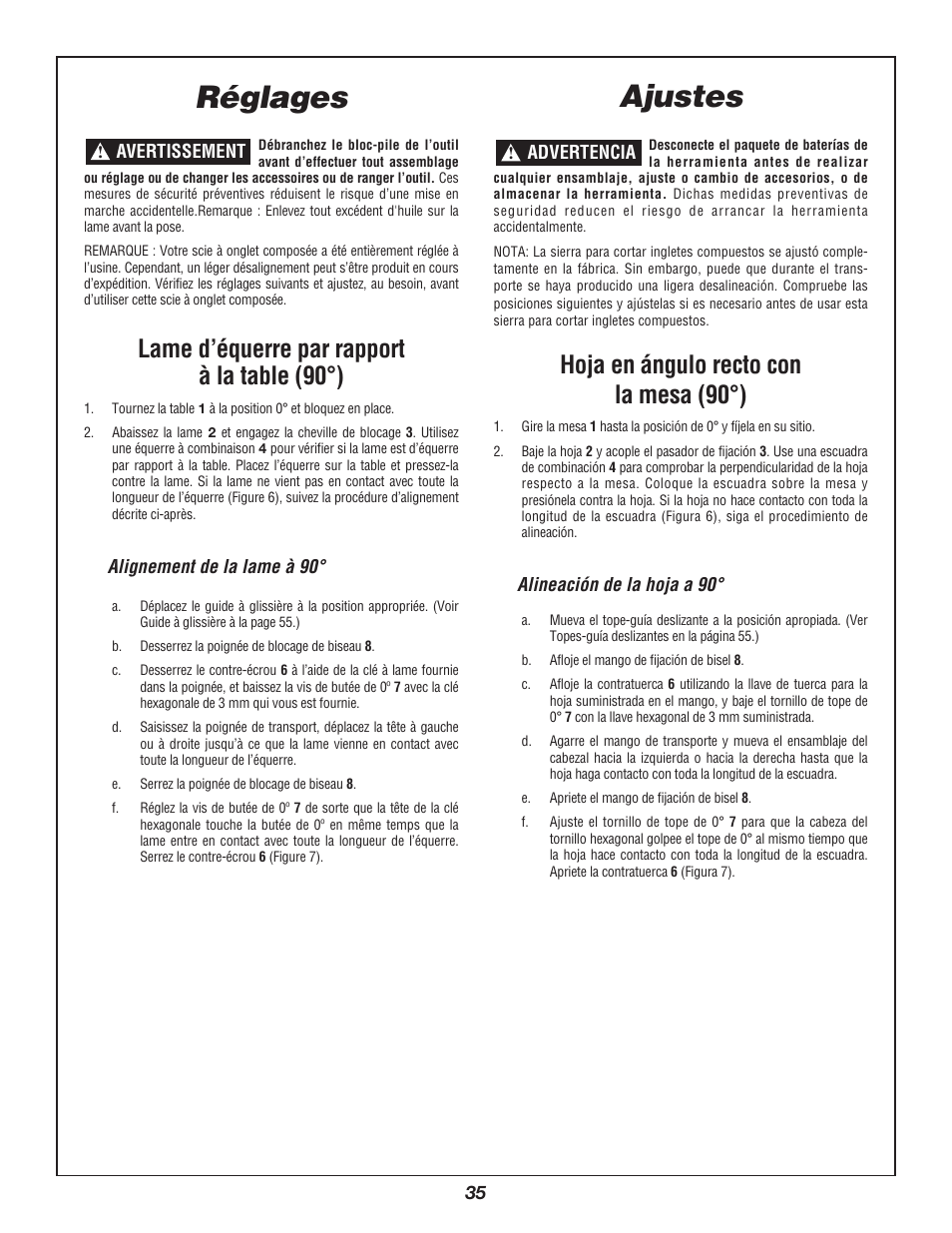 Ajustes, Réglages, Hoja en ángulo recto con la mesa (90°) | Lame d’équerre par rapport à la table (90°) | Bosch 3924B-24 User Manual | Page 35 / 88
