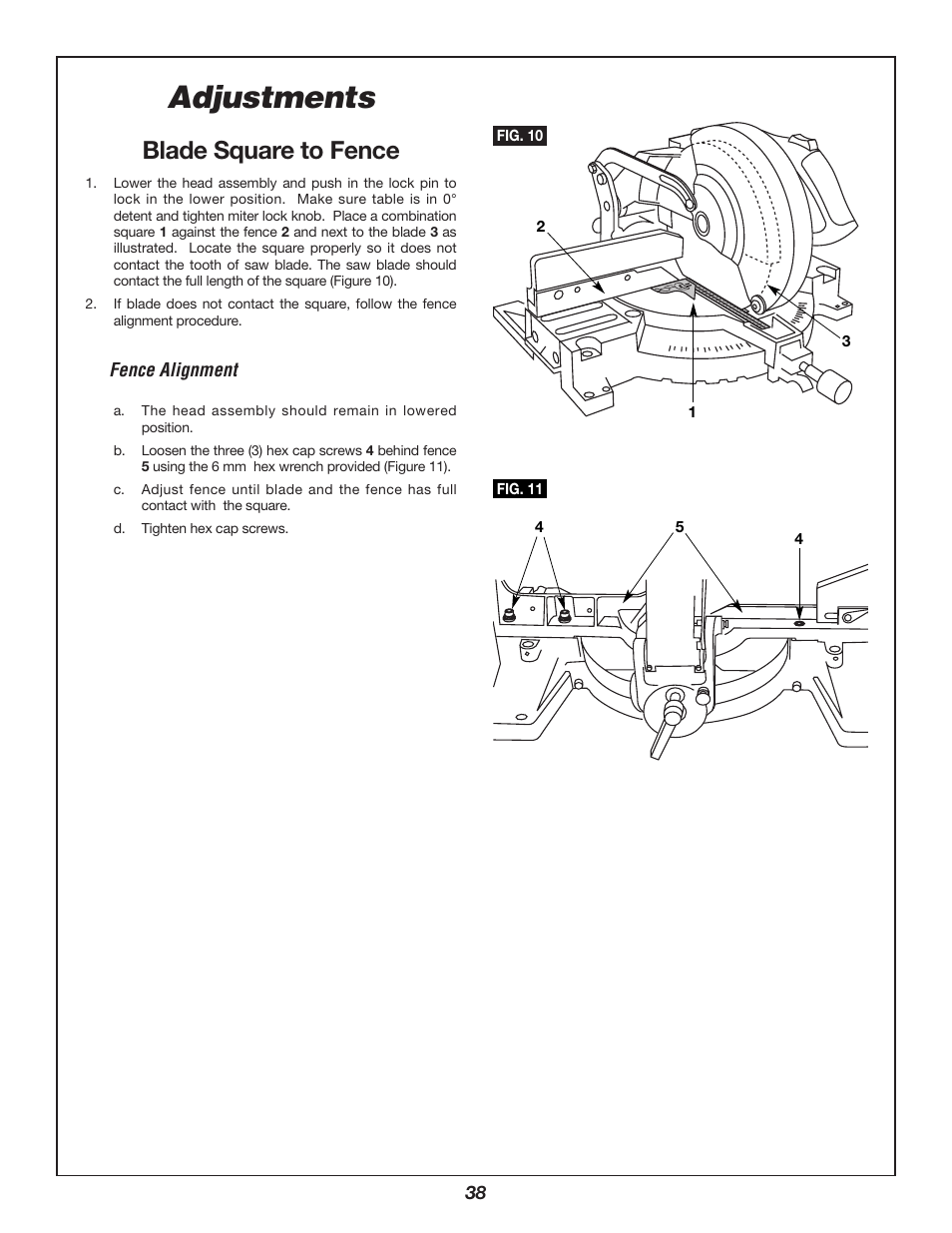 Adjustments, Blade square to fence | Bosch 3924B-24 User Manual | Page 38 / 88