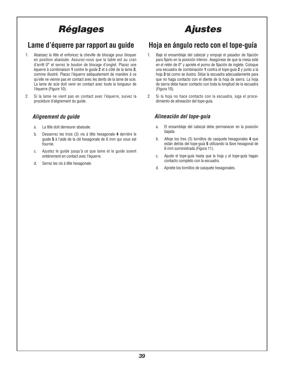 Ajustes, Réglages, Hoja en ángulo recto con el tope-guía | Lame d’équerre par rapport au guide | Bosch 3924B-24 User Manual | Page 39 / 88