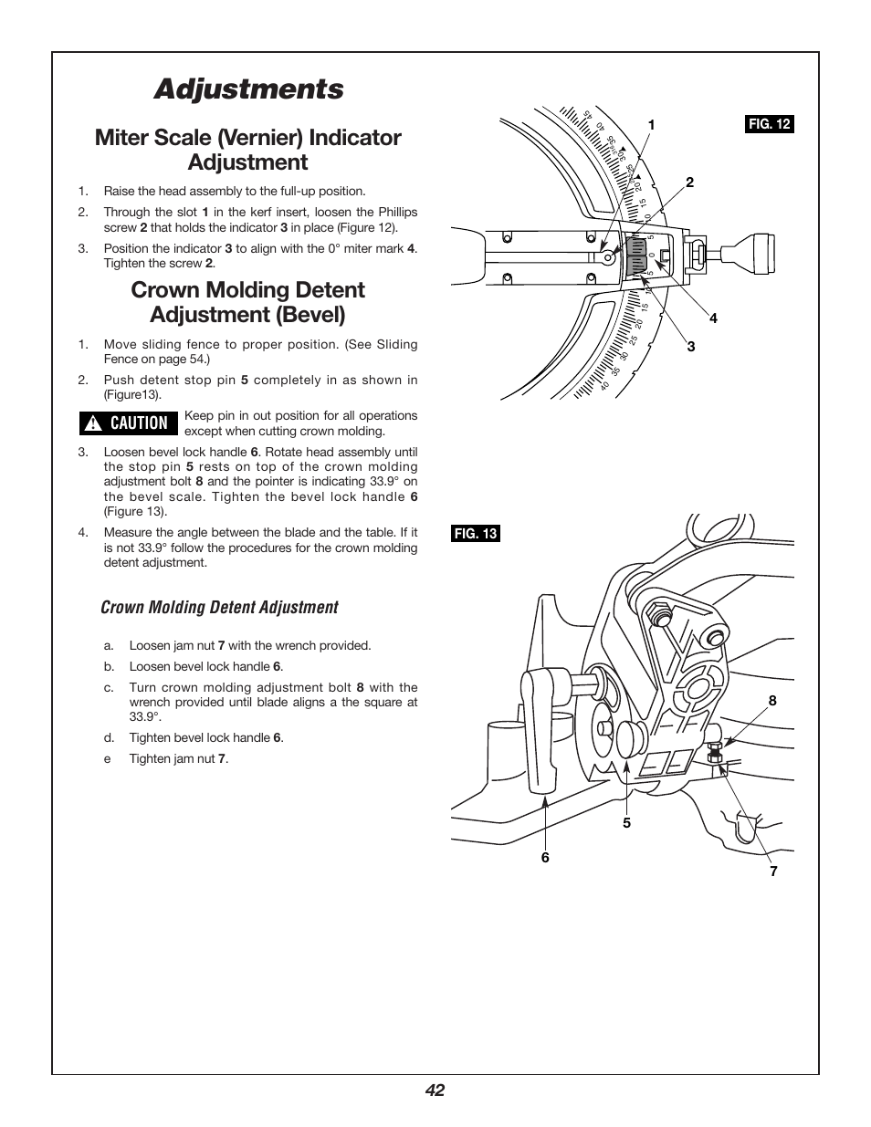 Adjustments, Miter scale (vernier) indicator adjustment, Crown molding detent adjustment (bevel) | Crown molding detent adjustment, Caution | Bosch 3924B-24 User Manual | Page 42 / 88