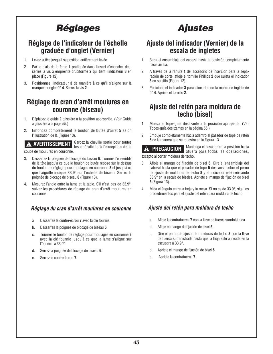 Ajustes, Réglages, Ajuste del retén para moldura de techo (bisel) | Bosch 3924B-24 User Manual | Page 43 / 88