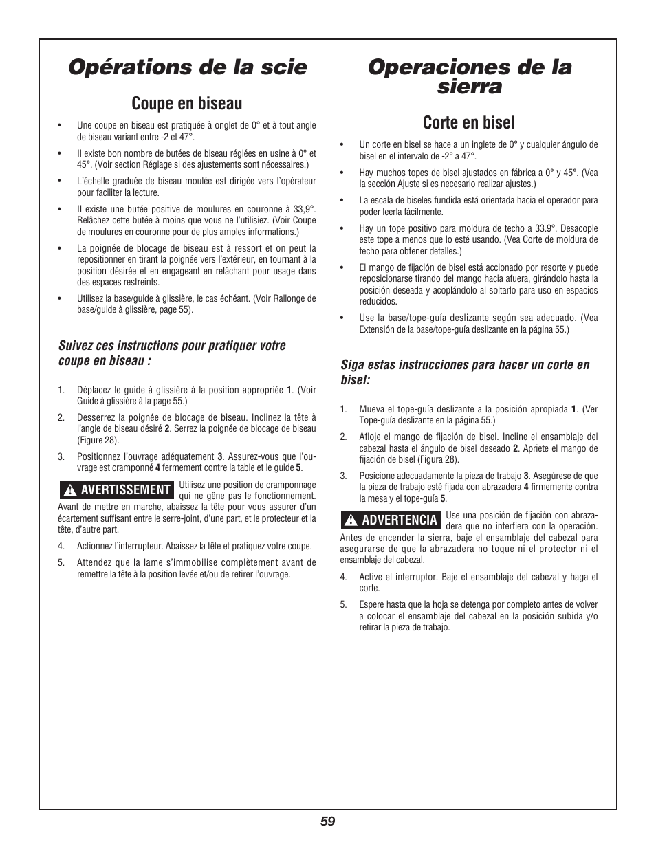 Operaciones de la sierra opérations de la scie, Coupe en biseau, Corte en bisel | Bosch 3924B-24 User Manual | Page 59 / 88