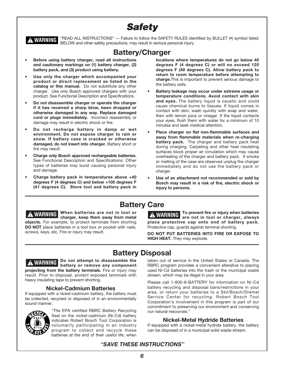 Safety, Battery/charger, Battery care battery disposal | Bosch 3924B-24 User Manual | Page 6 / 88