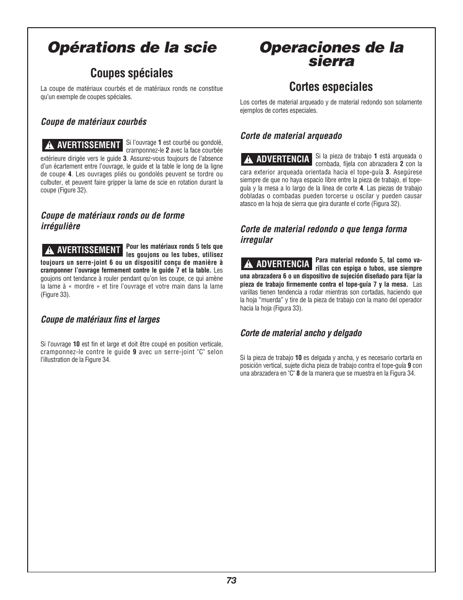 Opérations de la scie operaciones de la sierra, Coupes spéciales, Cortes especiales | Bosch 3924B-24 User Manual | Page 73 / 88
