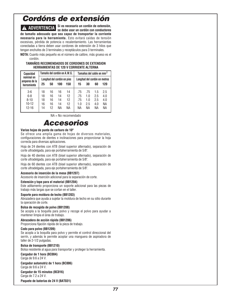 Accesorios, Cordóns de extensión, Advertencia | Bosch 3924B-24 User Manual | Page 77 / 88