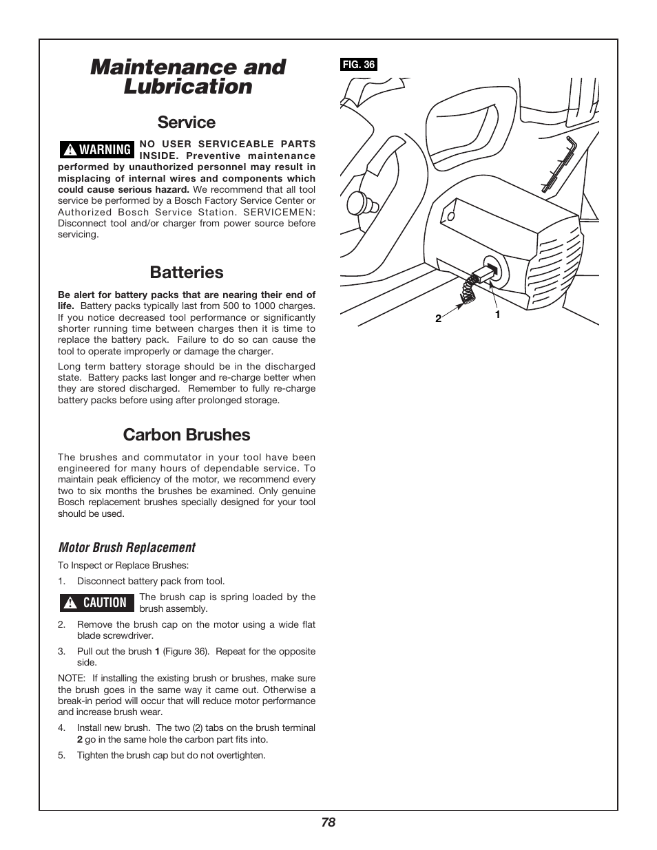 Maintenance and lubrication, Service, Batteries | Carbon brushes | Bosch 3924B-24 User Manual | Page 78 / 88