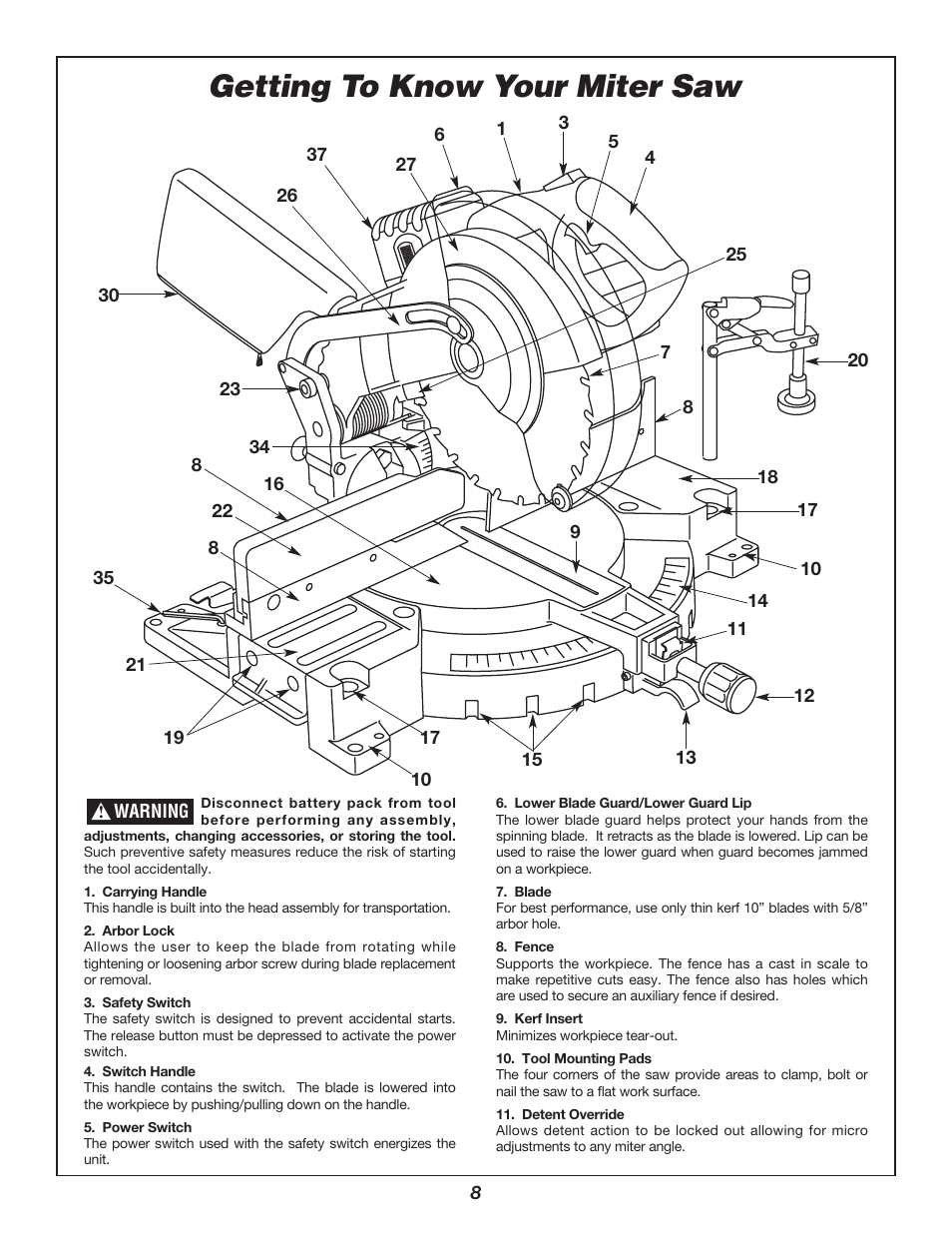 Getting to know your miter saw | Bosch 3924B-24 User Manual | Page 8 / 88