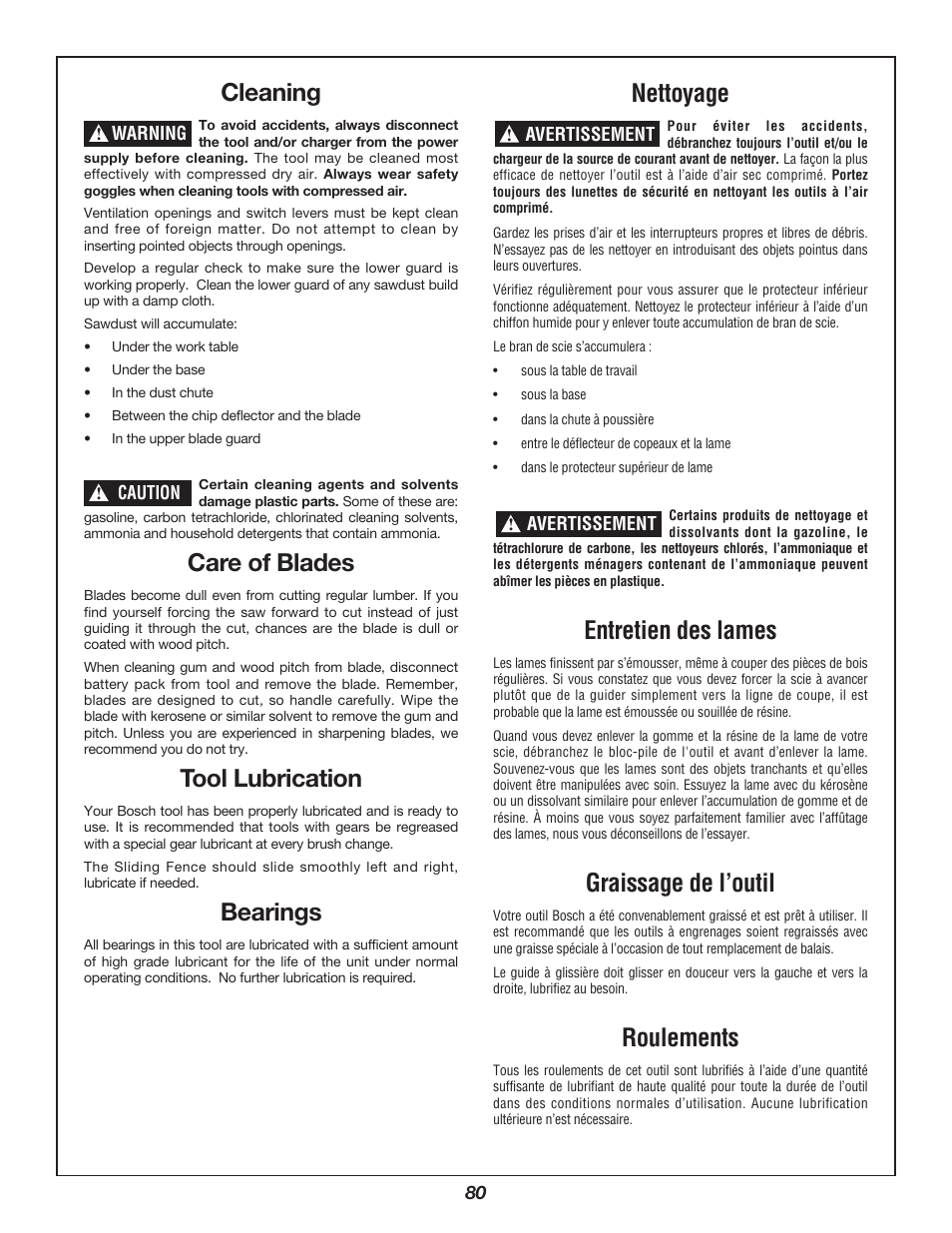 Cleaning, Care of blades, Tool lubrication | Bearings, Nettoyage, Entretien des lames, Graissage de l’outil, Roulements | Bosch 3924B-24 User Manual | Page 80 / 88