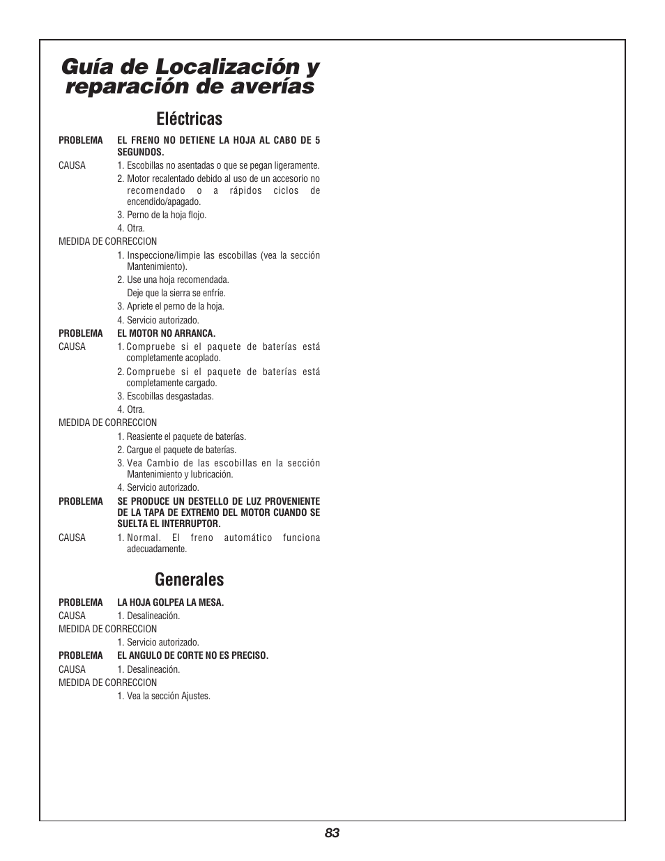 Guía de localización y reparación de averías, Eléctricas, Generales | Bosch 3924B-24 User Manual | Page 83 / 88