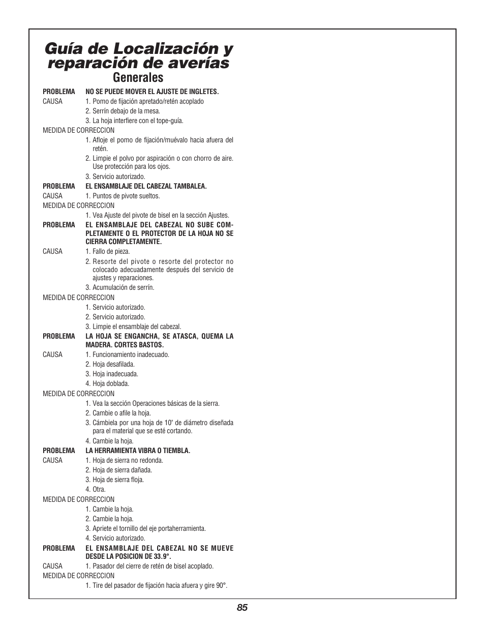 Guía de localización y reparación de averías, Generales | Bosch 3924B-24 User Manual | Page 85 / 88