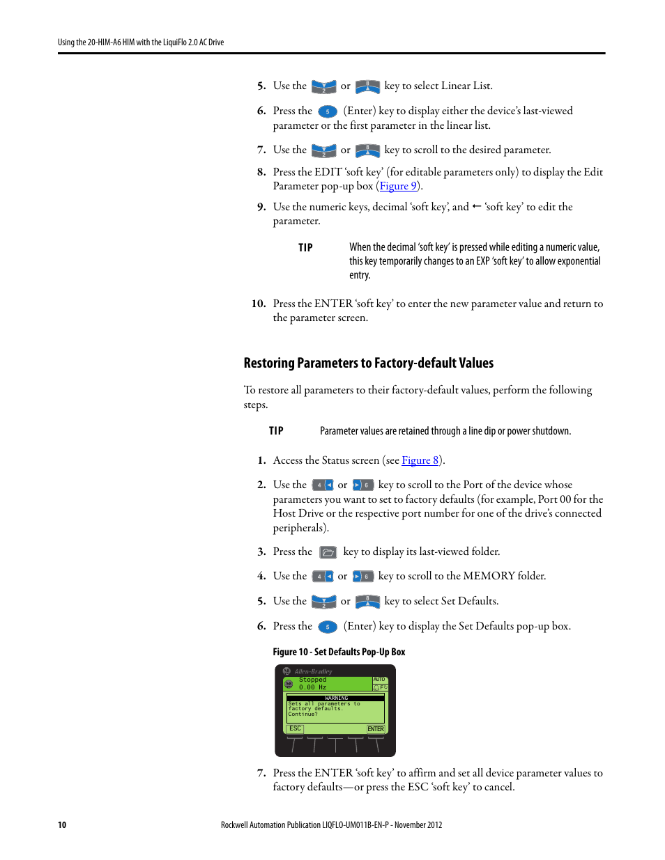 Restoring parameters to factory-default values | Rockwell Automation Liqui-Flo 20-HIM-A6 with 2.0 AC Drive User Manual | Page 10 / 16