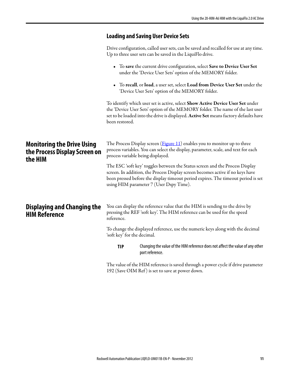 Loading and saving user device sets, Displaying and changing the him reference | Rockwell Automation Liqui-Flo 20-HIM-A6 with 2.0 AC Drive User Manual | Page 11 / 16