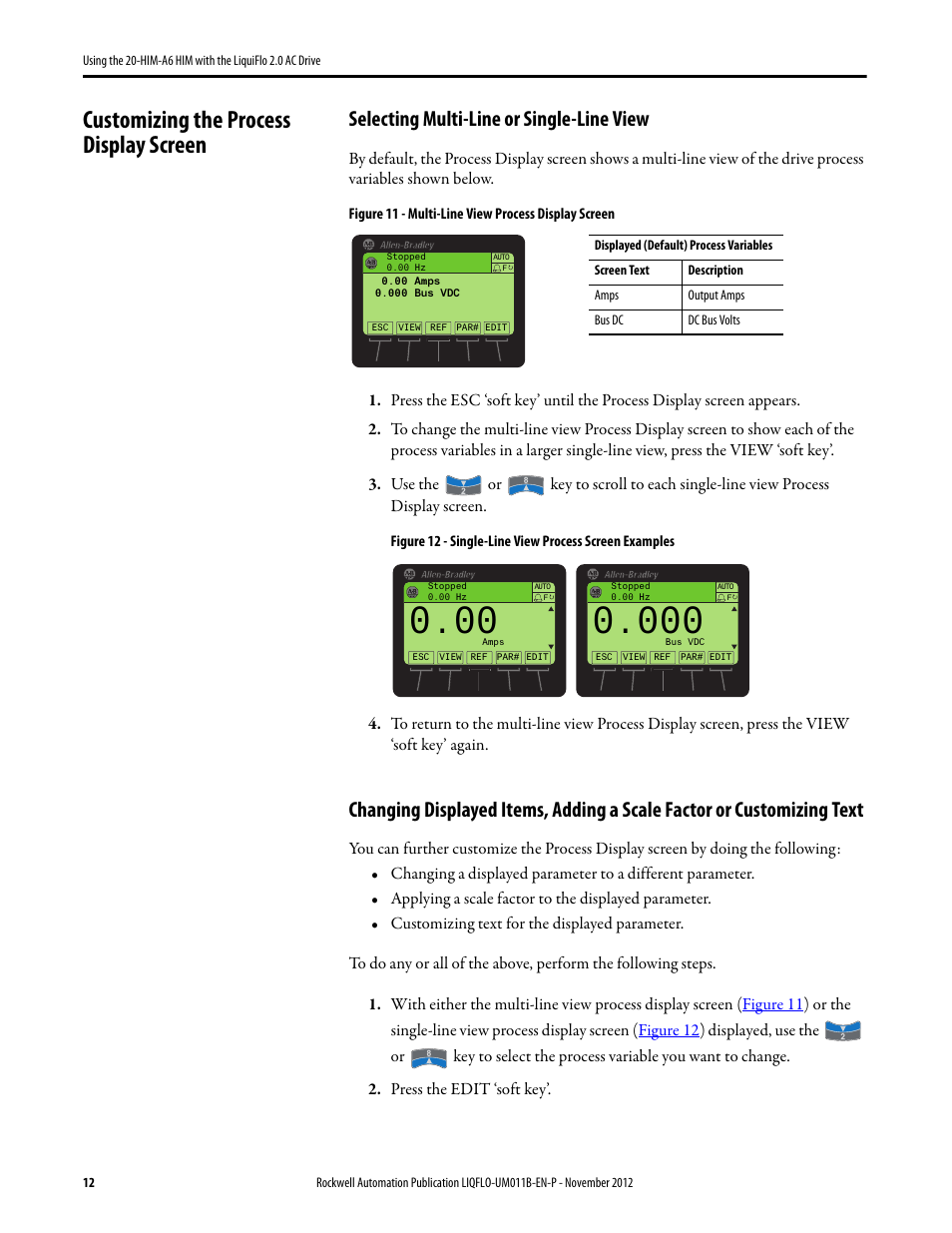 Customizing the process display screen, Selecting multi-line or single-line view | Rockwell Automation Liqui-Flo 20-HIM-A6 with 2.0 AC Drive User Manual | Page 12 / 16