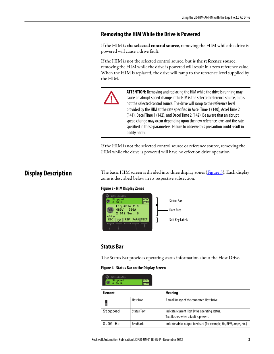 Removing the him while the drive is powered, Display description, Status bar | Rockwell Automation Liqui-Flo 20-HIM-A6 with 2.0 AC Drive User Manual | Page 3 / 16