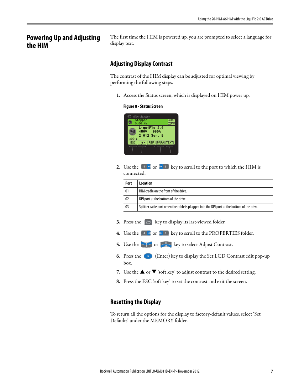 Powering up and adjusting the him, Adjusting display contrast, Resetting the display | Rockwell Automation Liqui-Flo 20-HIM-A6 with 2.0 AC Drive User Manual | Page 7 / 16