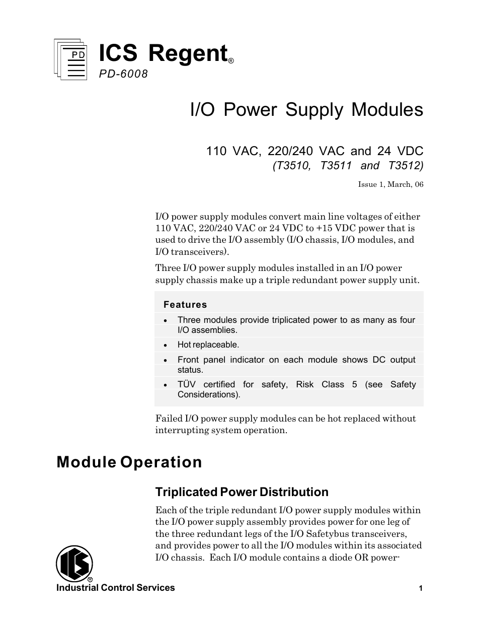 Rockwell Automation T3512 ICS Regent Power Supply Modules User Manual | 8 pages