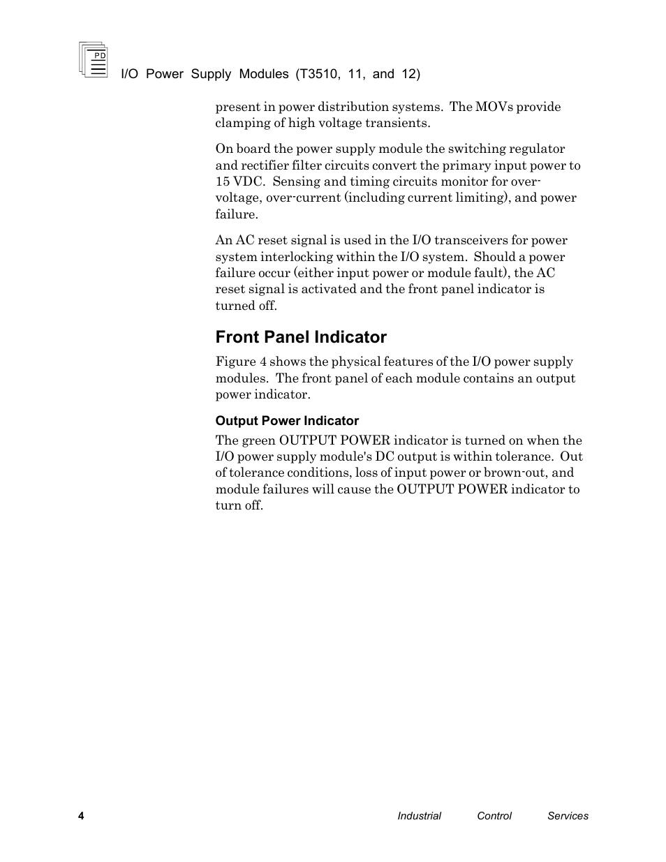 Front panel indicator | Rockwell Automation T3512 ICS Regent Power Supply Modules User Manual | Page 4 / 8