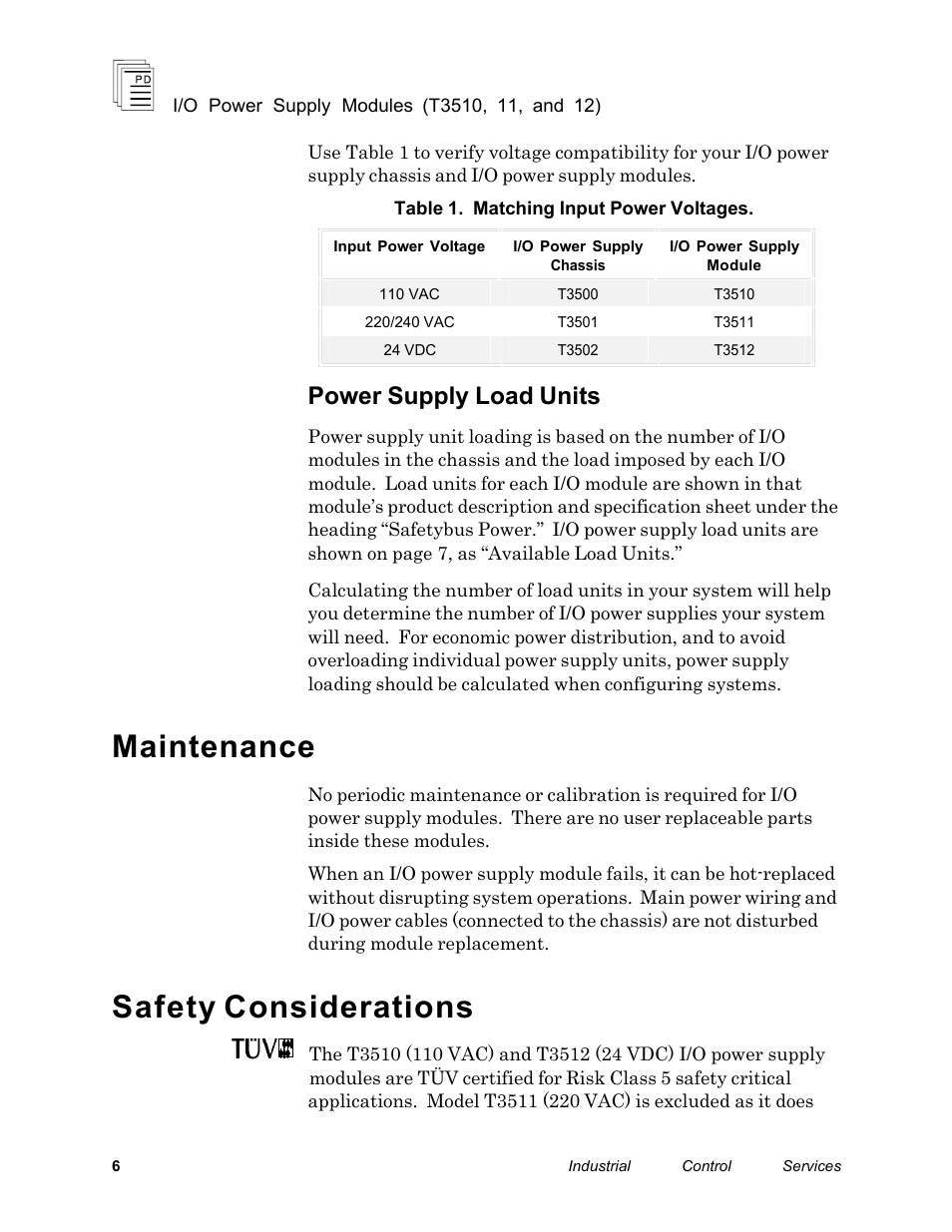 Maintenance, Safety considerations, Power supply load units | Rockwell Automation T3512 ICS Regent Power Supply Modules User Manual | Page 6 / 8