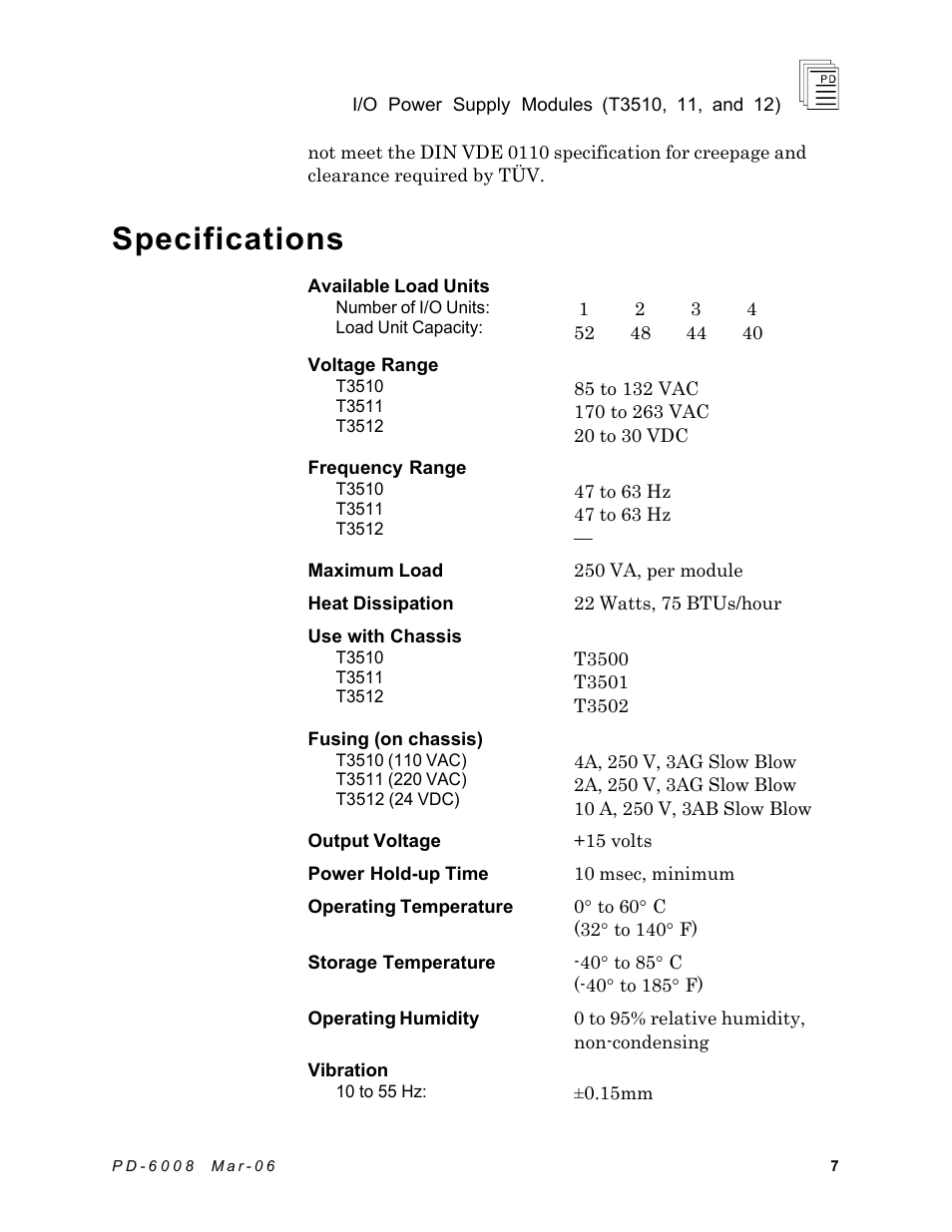 Specifications | Rockwell Automation T3512 ICS Regent Power Supply Modules User Manual | Page 7 / 8