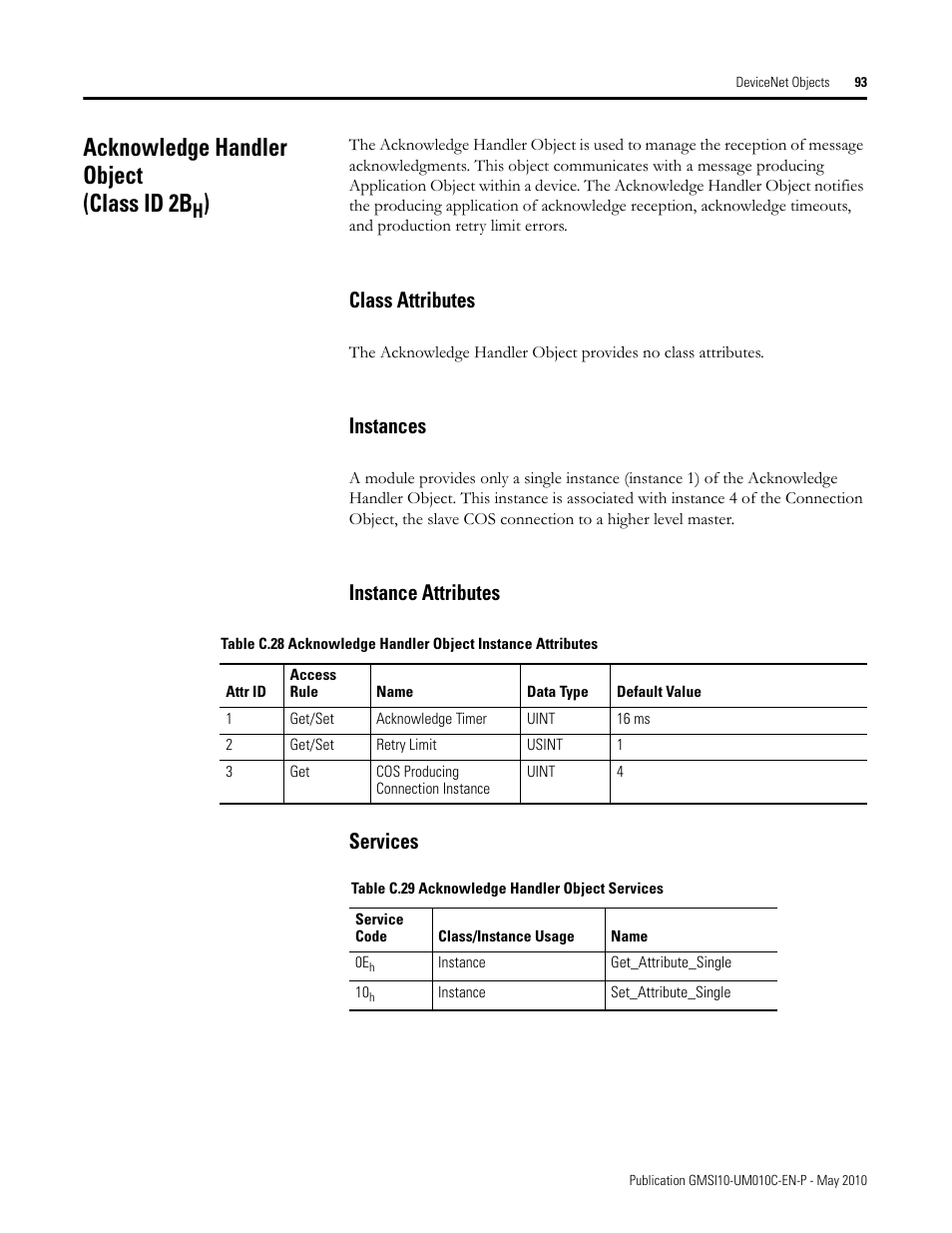 Acknowledge handler object (class id 2bh), Class attributes, Instances | Instance attributes, Class attributes instances instance attributes, Acknowledge handler object (class id 2b, Instance attributes services | Rockwell Automation 1440-VST02-01RA XM-120 Eccentricity Module User Manual | Page 101 / 131