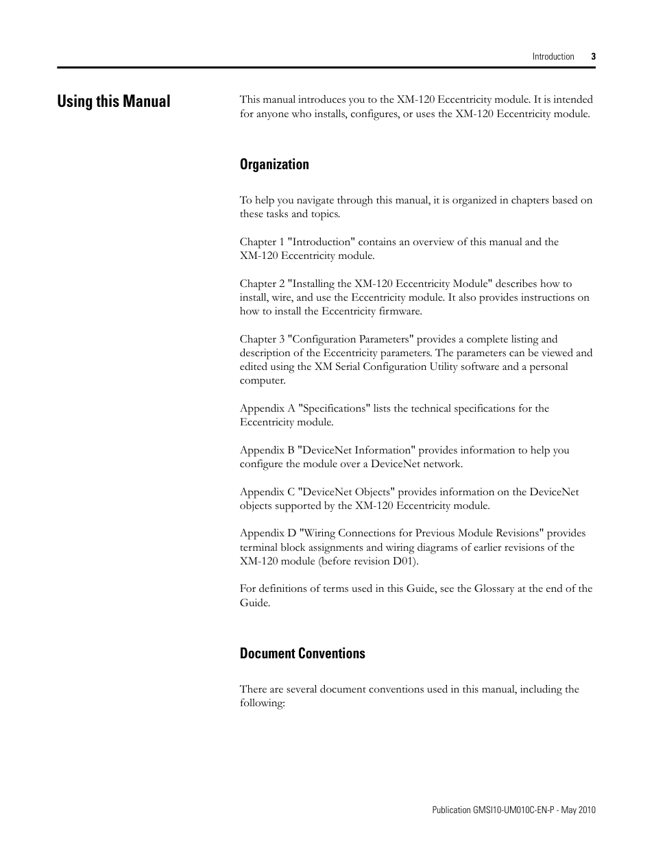 Using this manual, Organization, Document conventions | Organization document conventions | Rockwell Automation 1440-VST02-01RA XM-120 Eccentricity Module User Manual | Page 11 / 131