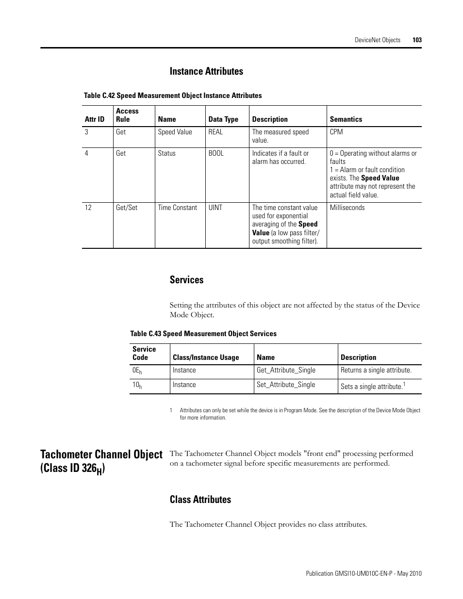 Instance attributes, Services, Tachometer channel object (class id 326h) | Class attributes, Instance attributes services, Tachometer channel object (class id 326 | Rockwell Automation 1440-VST02-01RA XM-120 Eccentricity Module User Manual | Page 111 / 131